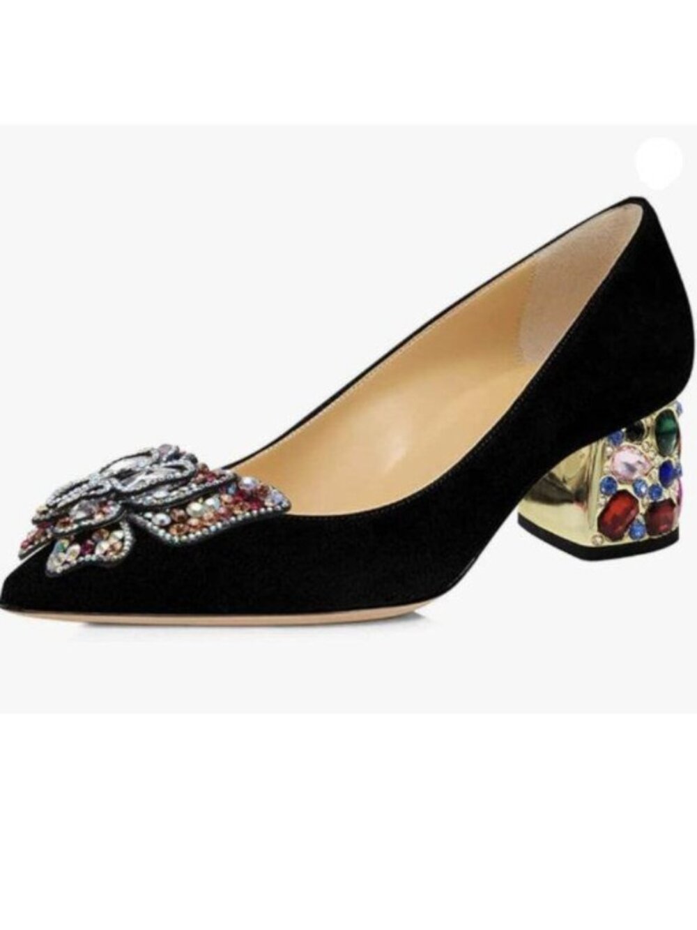 YDN Women Pointed Toe Bow Pump Colorful Rhinestone Block Low Heel Butterfly